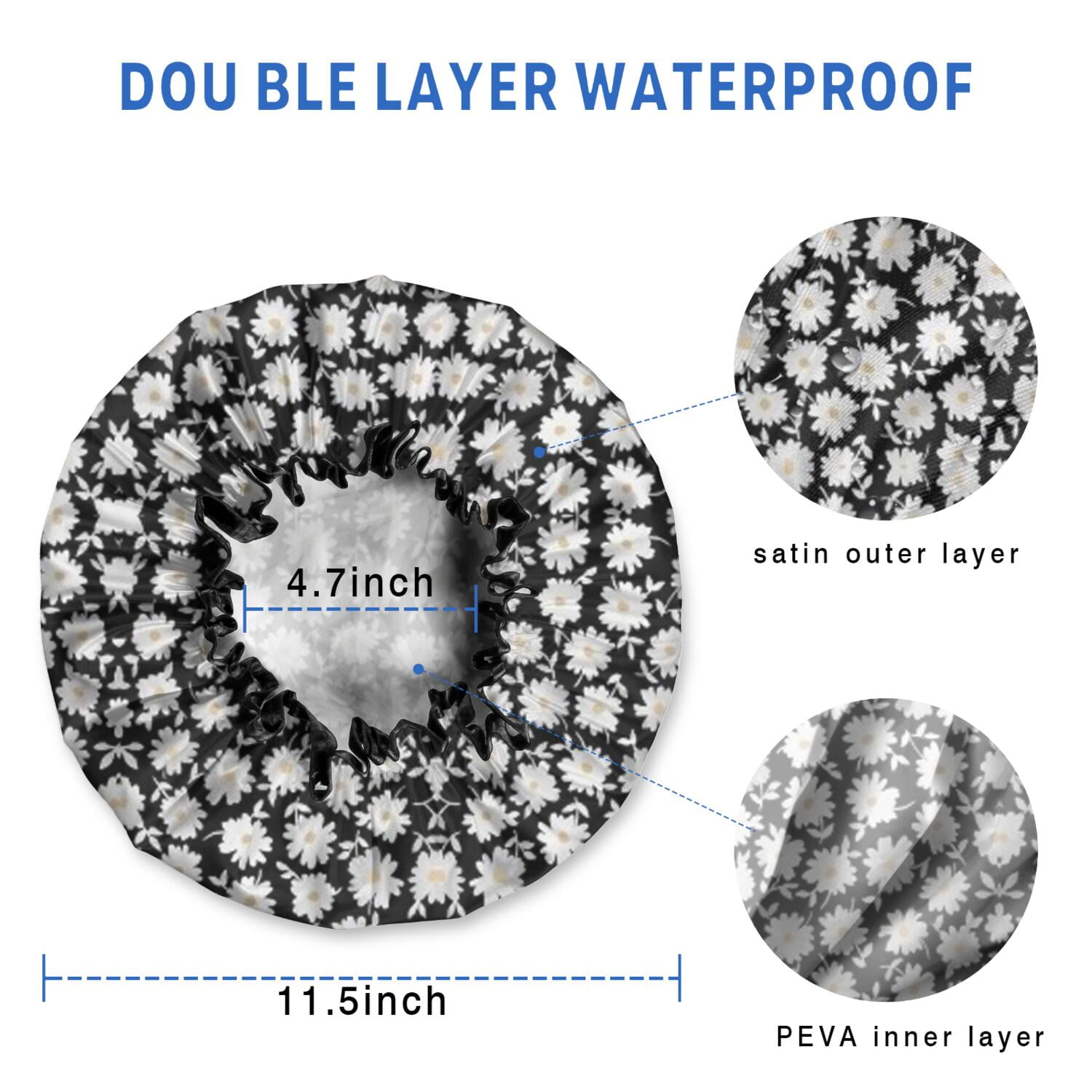 Shower Caps,Black Daisy Flower Pattern Waterproof Shower Cap for Women 4 Pieces,Double Reusable Hair Cover for Shower PEVA Elastic Stretch Hem