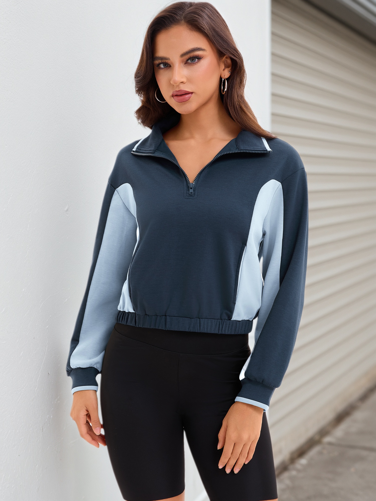 DARING DIVA Women's Quarter Zip Pullover Cropped Sweatshirt L Navy Blue Light Blue