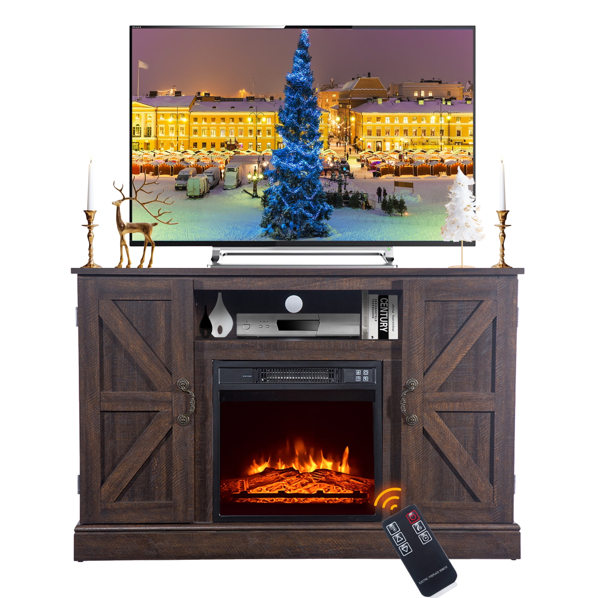Fireplace TV Stand, Farmhouse TV Stand for 55 TVs with Electric Fireplace  Heater, Fireplace Entertainment Center with Heating Timer, Virtual Flame,  Remote Control, Brown - Walmart.com