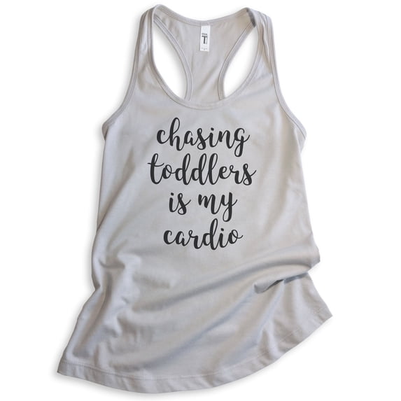 Chasing Toddlers Is My Cardio Tank Top, Ladies Racerback Tank, New Mom Mama Workout Yoga Toddler Mom Tank, Silver Gray, Medium