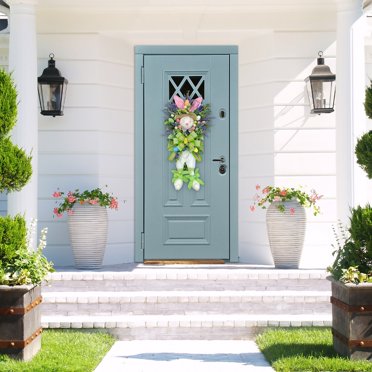 Easter Bunny Wreath With Pastel Eggs - 18 Inch Spring Door Decor With Peony Flowers