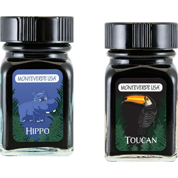 Monteverde 60ml Ink, Hippo (Dark Blue), Toucan (Black) Jungle Ink (G309HI, G309TC) Fountain Pen Ink (30ml Each Ink Bottle, 2 Pack)