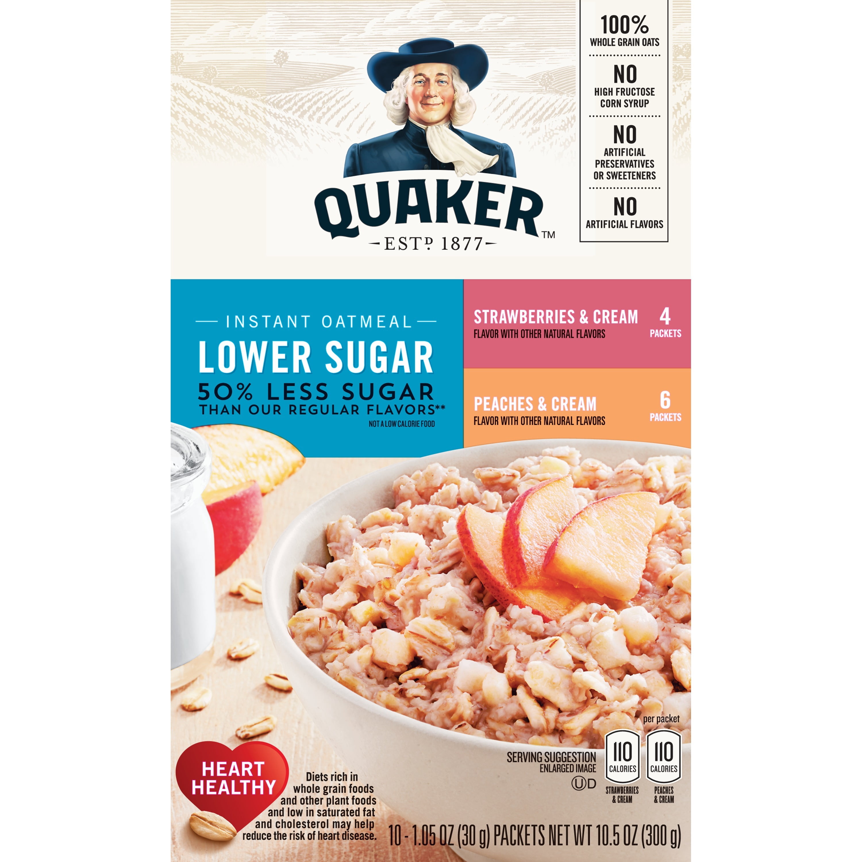 Quaker Instant Oatmeal, Low Sugar Fruit & Cream Variety Pack, 10 Packets