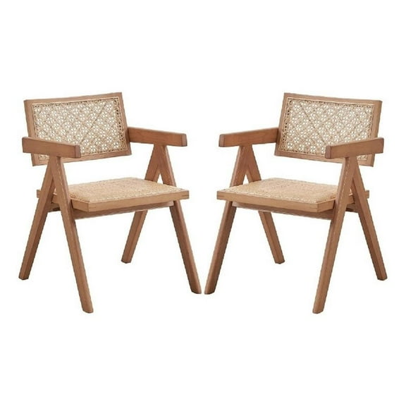 Tina 22 Inch Dining Armchair Set of 2-Woven Rattan-Natural Brown Wood