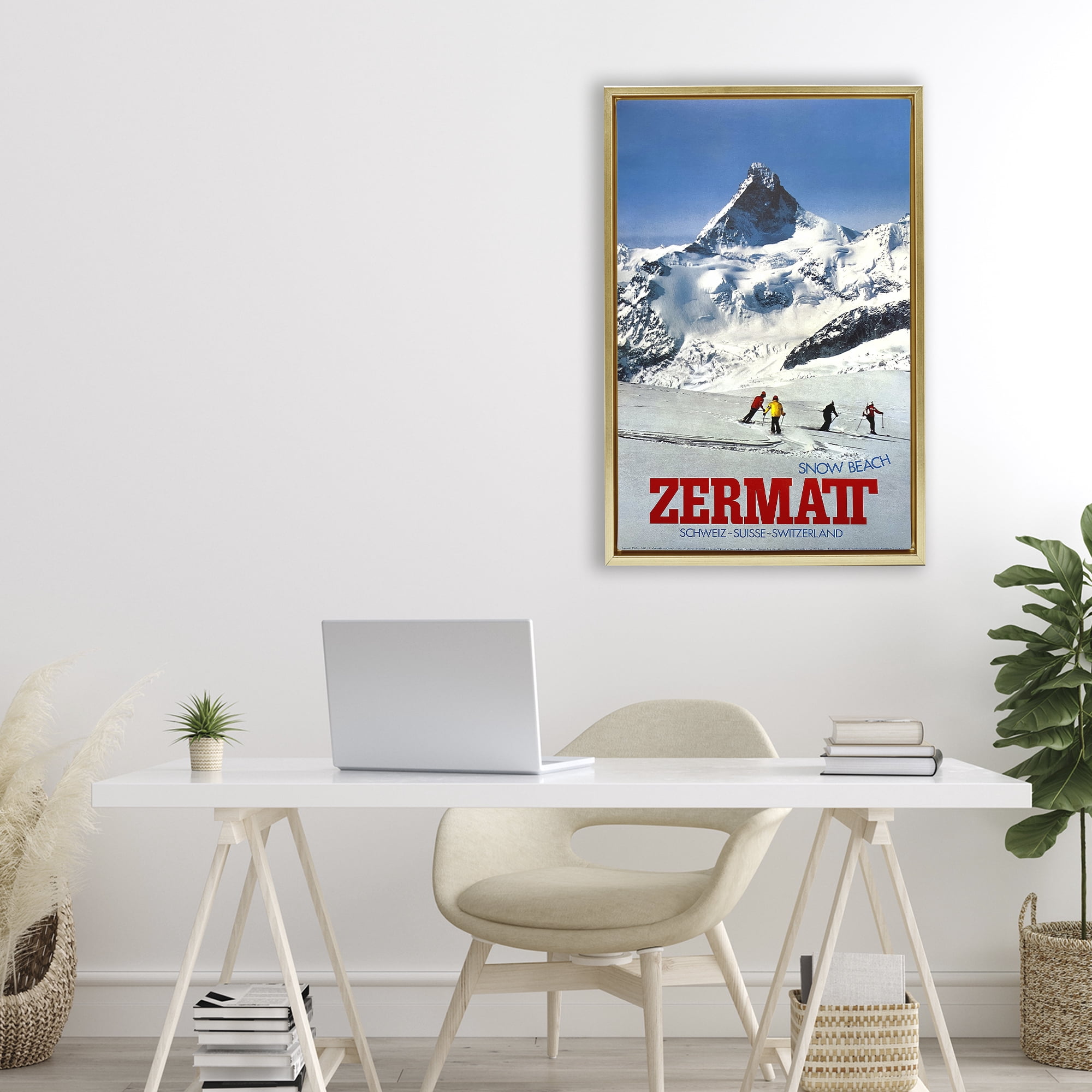Stupell Industries Zermatt Snow Beach Gold Framed Floater Canvas Wall Art, design by Vintage Posters
