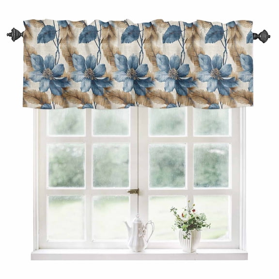 Blue Brown Botanical Kitchen Valances for Windows 42x12 Inch Kitchen Curtains Valances Rod Pocket Flowers Vintage Summer Bathroom Window Valances for Window Treatment Decor