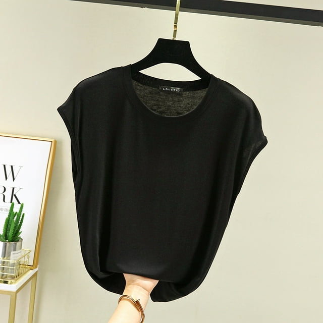 Hauts Sans Manches pour Femmes Été Modal Col Rond T-Shirt Couleur Unie Ample Décontracté T-shirts Grande Taille Mode Urbaine FJH