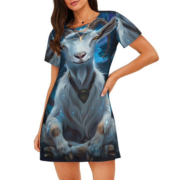 Fotbe Forest Meditating Goat Bata de Dormir para Mujer con Estampado, Camisón de Algodón de Manga Corta, Ropa de Dormir Casual