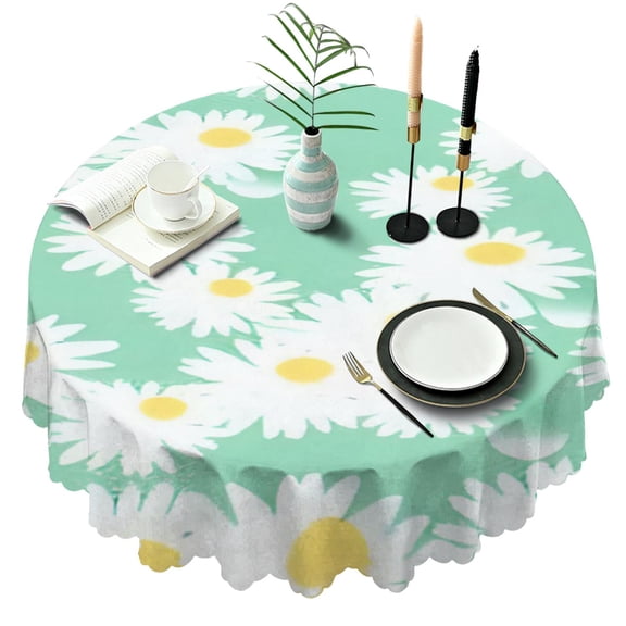 Round Tablecloth Daisy Floral Print 60 Inch Wrinkle Free Table Cover Kitchen Dining