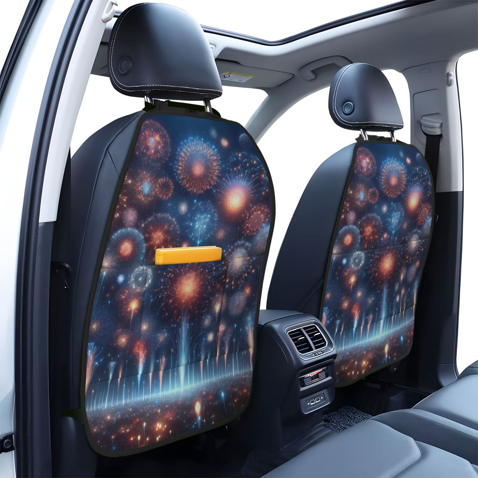Xecao Fireworks1 Pattern Car Seat Back Protector 2 Pack Large Capacity Pocket, Kick Mats Back Seat Protector
