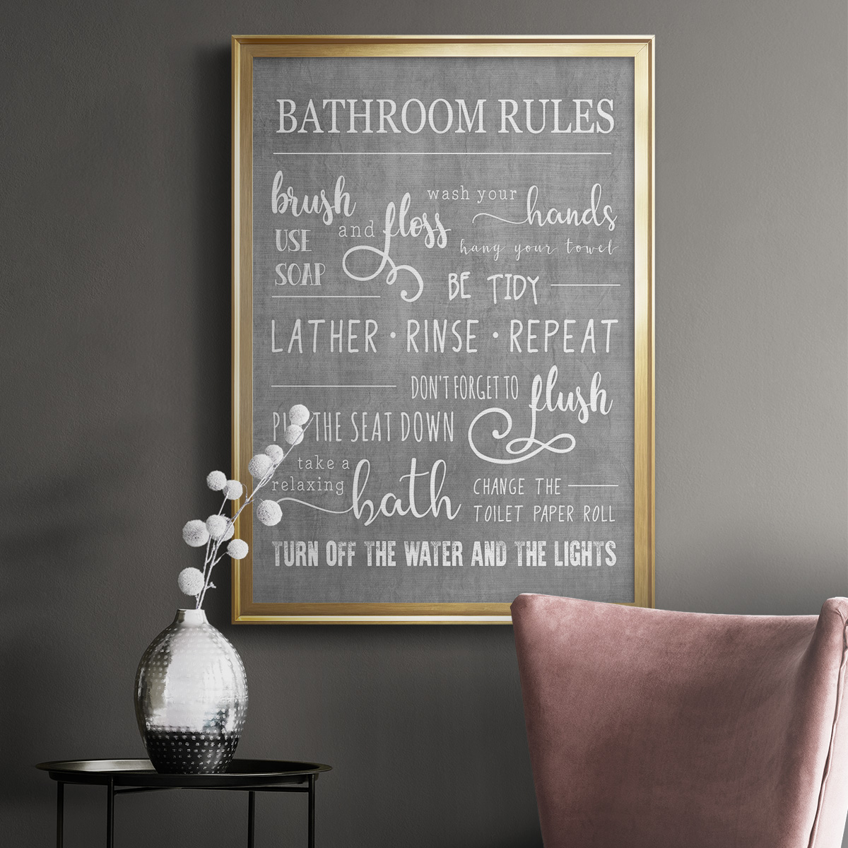Neutral Bathroom Rules Premium Framed Print - Ready to Hang