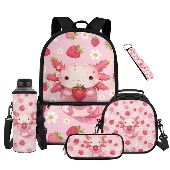 Yuyamidu Strawberry Axolotl Backpack and Lunch Box, Pencil Pouch, Water Bottle Holder & Keychain, 5-Piece Kids School Bookbag Set for Girls 6-8 & 8-10, 2nd-4th Grade, Back to School Supplies