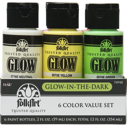 FolkArt 7494E Glow-in-the-Dark Acrylic Paint Set, Matte Finish, Set of 6, 12 fl oz