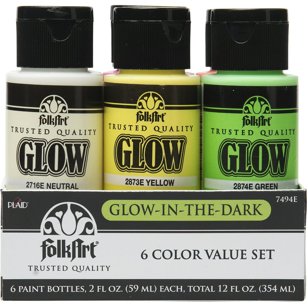 FolkArt 7494E GlowintheDark Acrylic Paint Set, Matte, 12 fl oz, 6 Pc