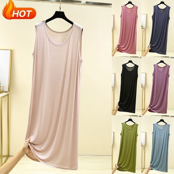 Taqqpue Cotton Nightgowns for Women Solid Color Crewneck Sleeveless House Dress Ladies Long Nightdress S-XXL