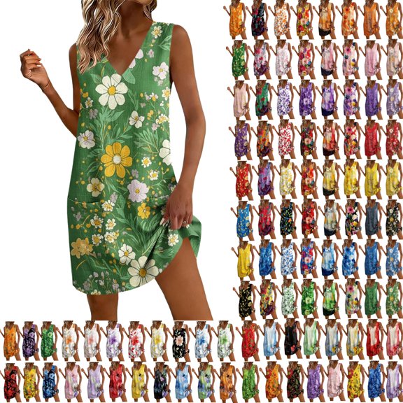 Summer Beach Dresses for Womens 2026 Fashion Plus Size Print Sleeveless V-neck Loose Pocket V-neck Casual Dress