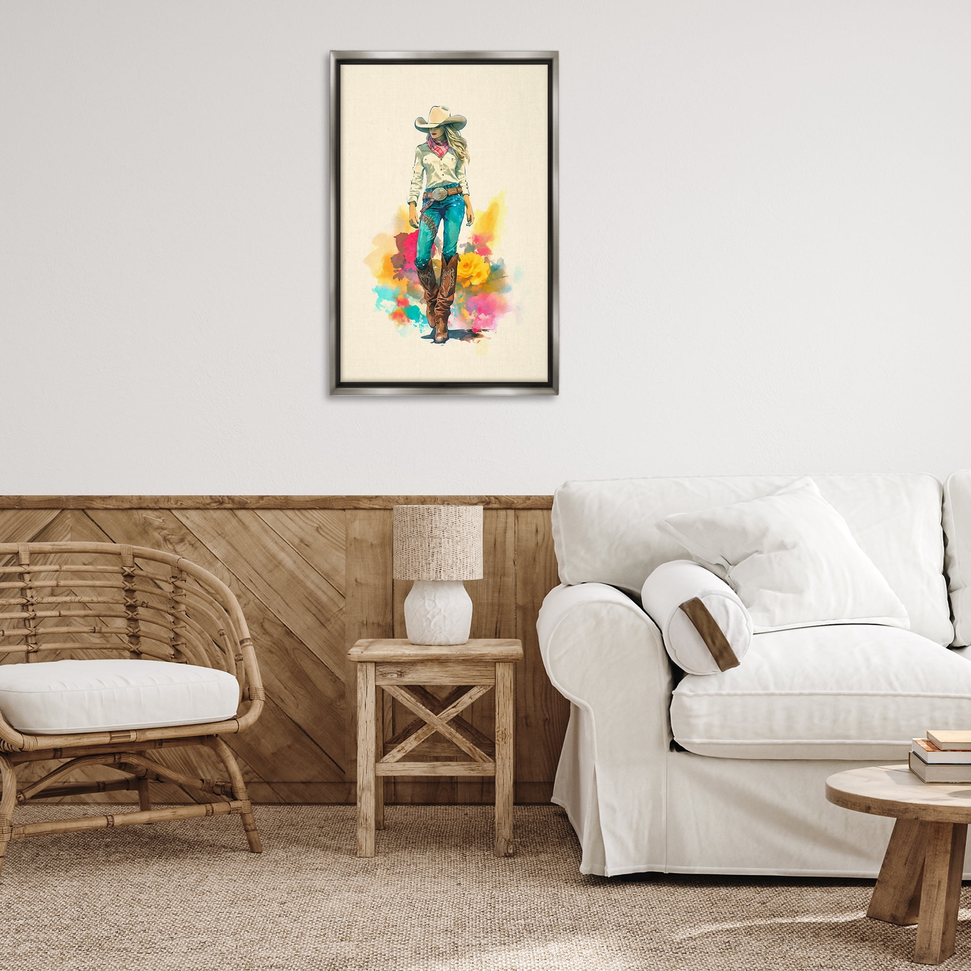 Stupell Industries Prairie Princess Cowgirl People Painting Gray Floater Framed Canvas Art Print Wall Art, 21 x 31