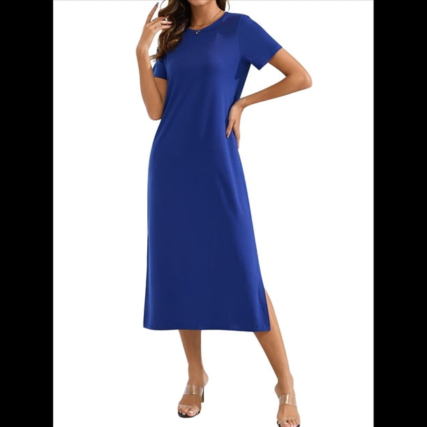 Vestido Holgado de Verano para Mujer, Cuello Redondo, Informal, con Abertura, Antiarrugas y Bolsillos. Azul M