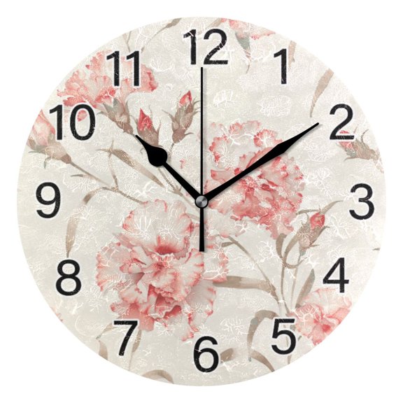 Ryvnso Carnation Flowers Wall Clock Non Ticking Silent Kitchen Clock Battery Operated Clocks 10 inch