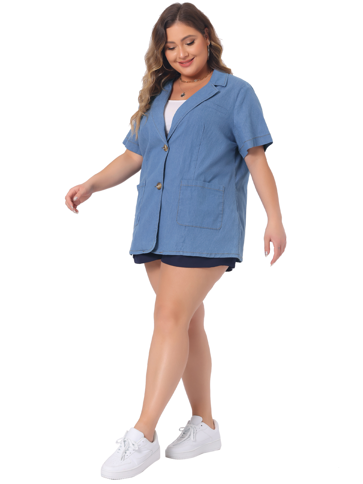 Unique Bargains Women Plus Size Denim Shirt Short Sleeve Button Down Chambray Shirts Sky Blue 4X