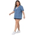 thumbnail image 3 of Unique Bargains Women Plus Size Denim Shirt Short Sleeve Button Down Chambray Shirts Sky Blue 1X, 3 of 6