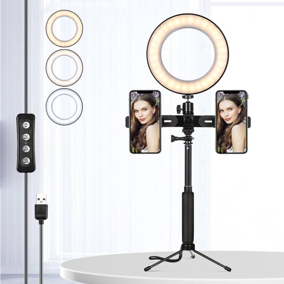 LED Ring Light with Tripod & Phone Mount, Dual Smartphone Holder, 3 Color Modes & 10 Brightness Levels for Streaming, Makeup, Videos