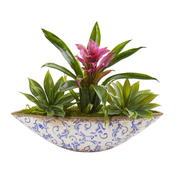 Nearly Natural Bromeliad and Agave Artificial Plant in Floral Planter
