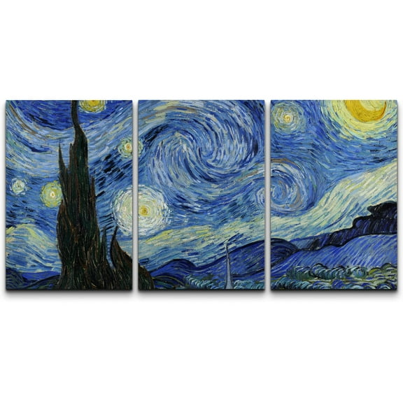 wall26 Canvas Print Wall Art Set Starry Night by Vincent Van Gogh Nature Wilderness Illustrations Fine Art Relax/Calm Multicolor for Living Room, Bedroom, Office - 24"x36" x 3 Panels