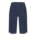 thumbnail image 4 of Horkkom Linen Shorts for Women Summer Lightweight Bermuda Shorts Solid Color Elastic Waist Beach Shorts with Pockets Blue L, 4 of 9