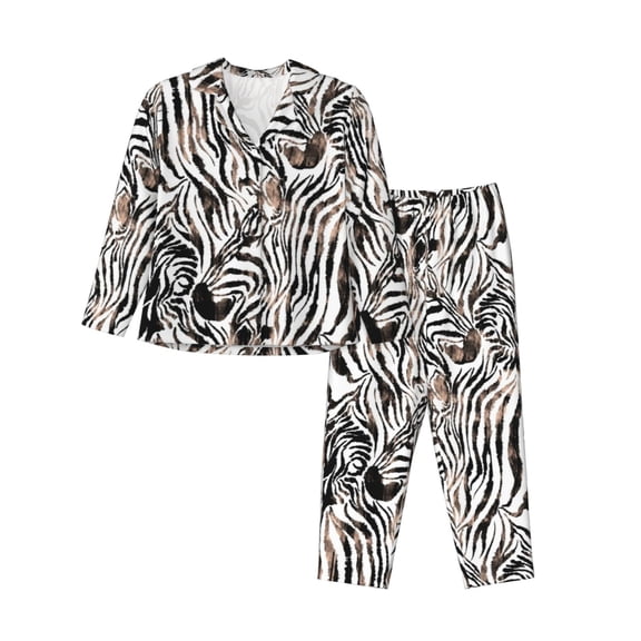 Saiise Leopard And Zebra Print Women Soft Pajama Sets,Long Sleeve Sleepwear Button Up 2-Piece Pjs Lounge Sets-Small