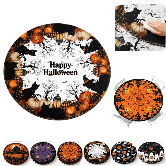 Halloween Round Fitted Tablecloth with Elastic Cute Black Cat Pumpkin Bat Tree Circle Table Cloth for 40-44" Tables Scary Spooky Holiday Wipeable Washable Table Cover (A-1PCS)