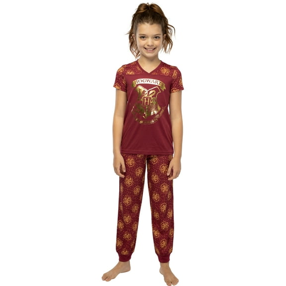 Harry Potter Girls' Hogwarts Castle Gold Foil Crest Short-Sleeve Shirt Jogger Pant Lounge 2-Piece Pajama Set Sleepwear