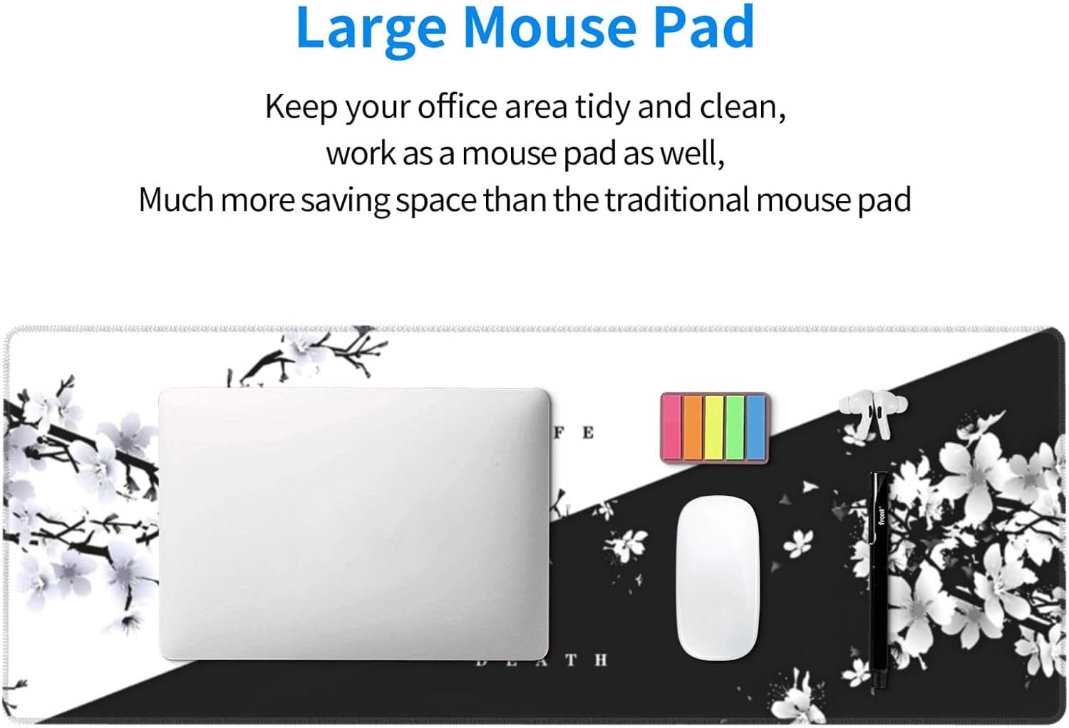 PrimeCook Shop Japanese Life Death Keyboard Mat, Black White Japanese Anime Gaming Mouse Pad for Desk with Anti-Slip Rubber Base and Stitched Edges, Japanese Sakura Pagoda Sun Mouse Pad