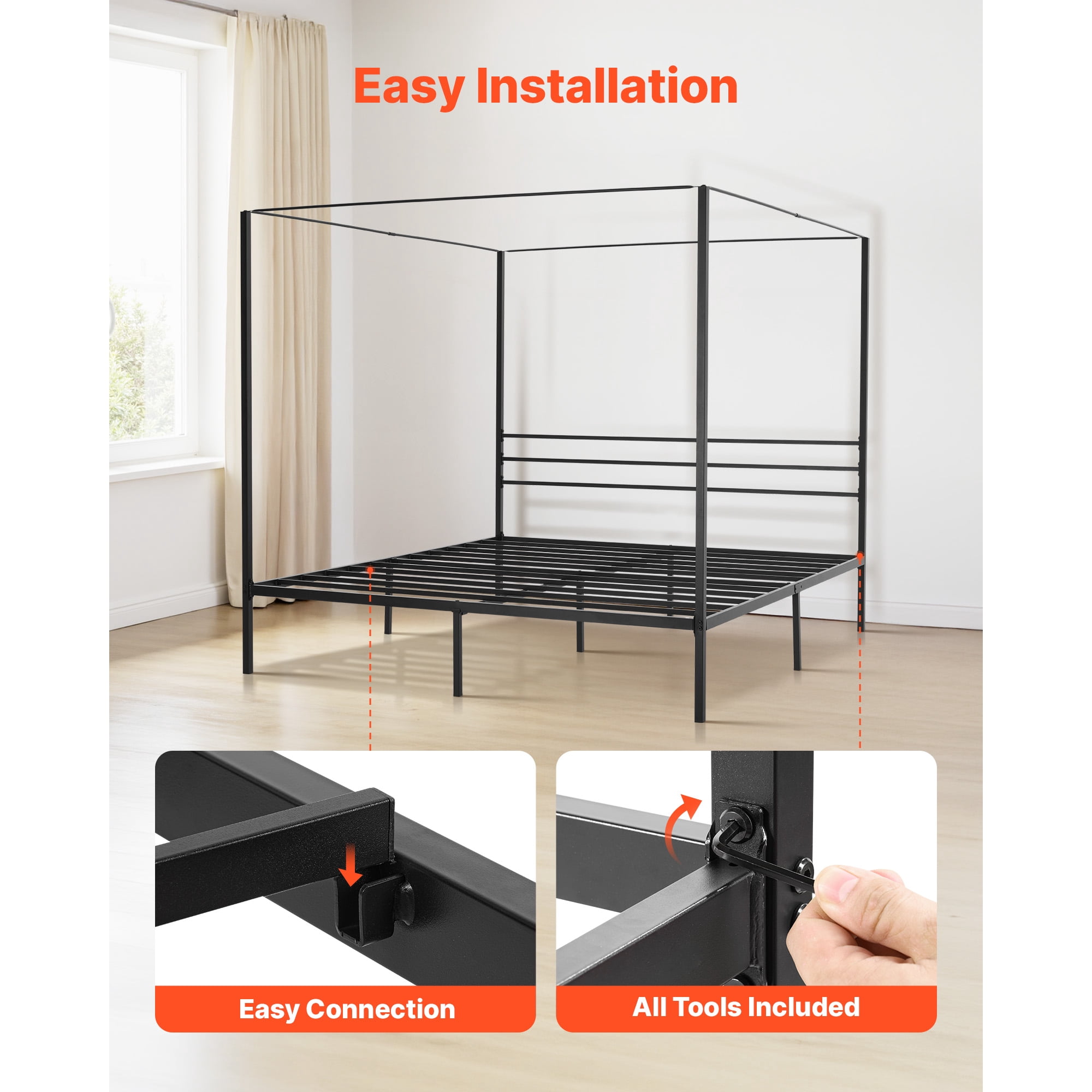 KFFKFF King Size Metal Canopy Bed Frame, Four-Poster Design with Sturdy Steel Slats, Underbed Storage, No Box Spring Required, Simple Assembly, Black