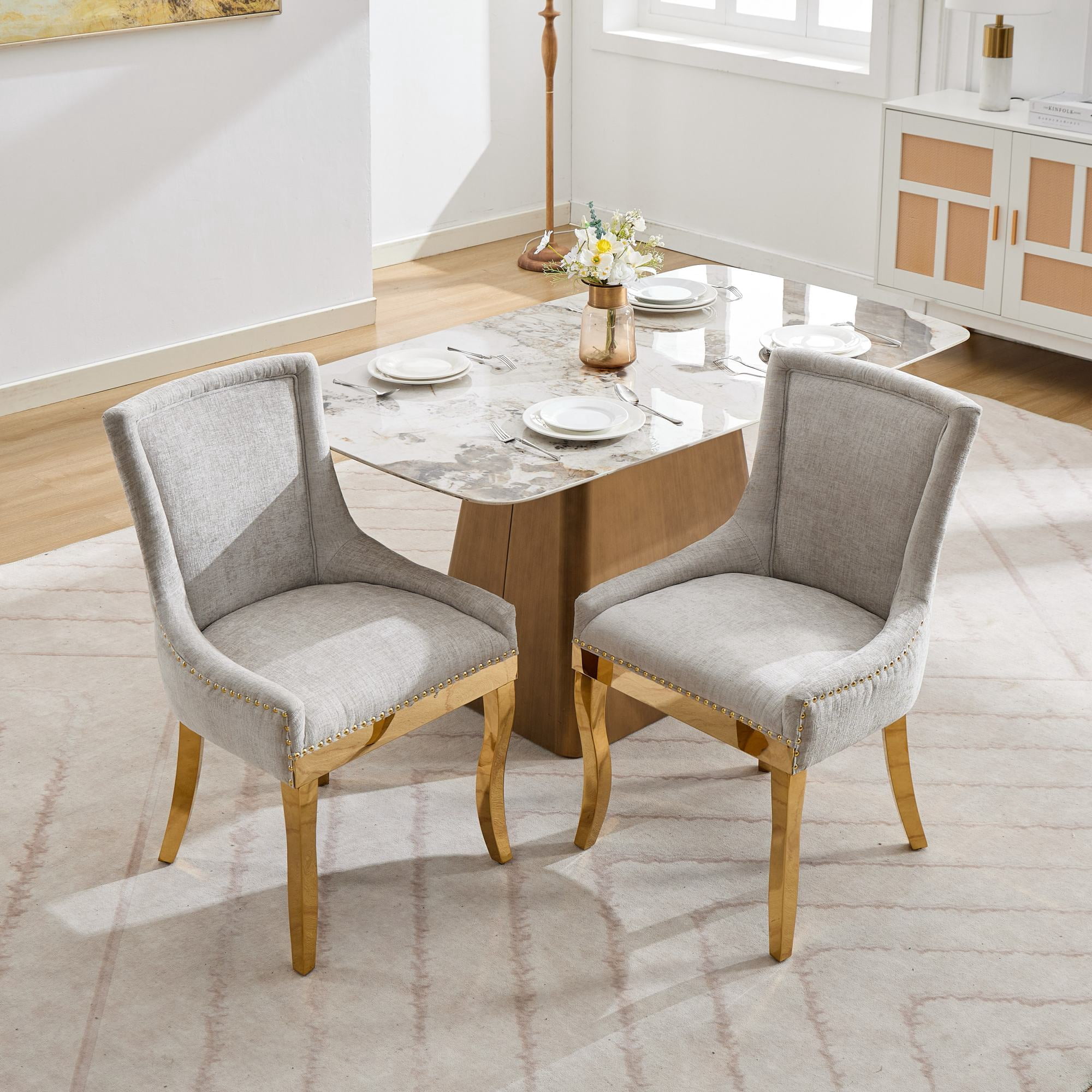 Gewnee Chenille Dining Chairs Set of 2,Modern Upholstered Chairs with Curved Gold-Plated Legs & Rivet Trim,Accent Chairs for Dining Room or Lounge.Beige