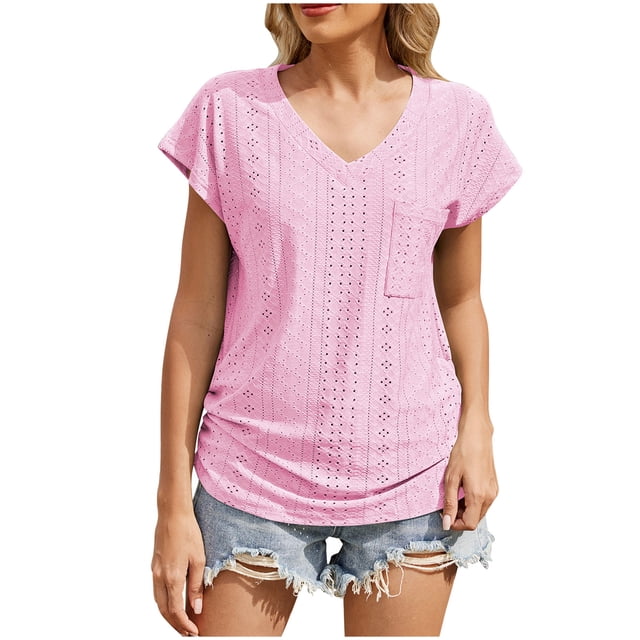 Blusa de Manga Corta, Color Sólido Casual, Camiseta de Bolsillo con Cuello en V para las Mujeres