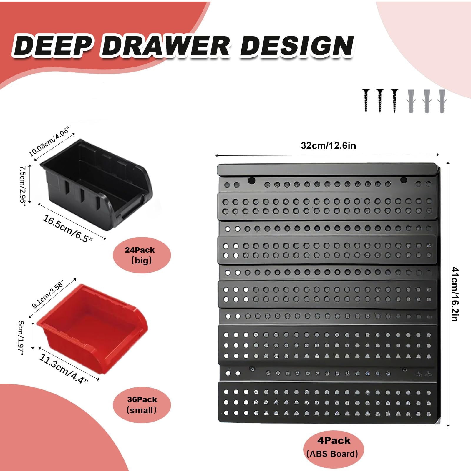60 PCS Wall Mounted Storage Bins Organizer, Large Plastic Nut & Bolt Organizer with Pegboard, Screw Storage Bins for Garage, Workshop, Hardware, Crafts (Red & Black)