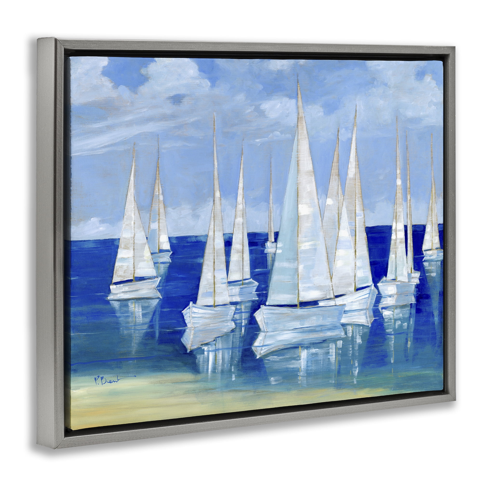 Stupell Industries Blanco Beach Sailboats Gray Framed Floater Canvas Wall Art, design by Paul Brent