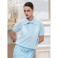 thumbnail image 5 of Women Short Sleeve Sweater Large Lapel Neck Knitted Tops Casual Sweater Shirt Loose Pullover Sweater Blue S, 5 of 10