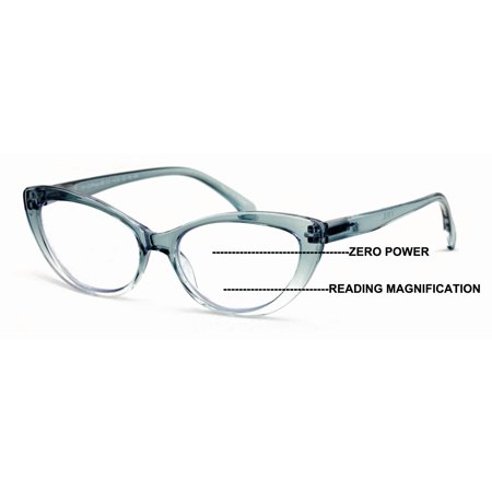 Women Cat-Eye Progressive Reading Glasses - Clear Zero Power on Top - No Line - UV Blue Blocker 191 +2.00