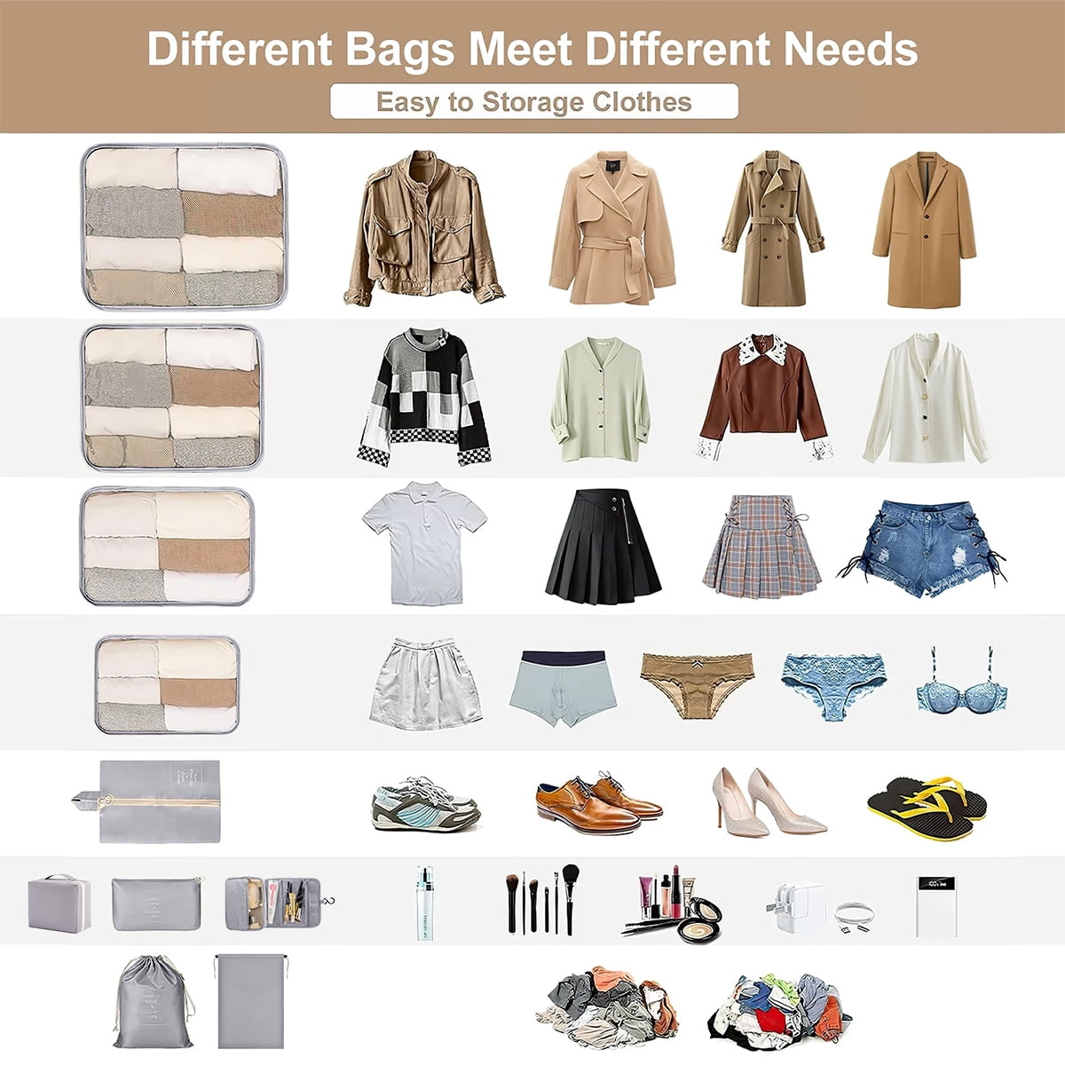Compression Packing Cubes for Suitcase, 12 PCS Travel Luggage Packing Organizers Waterproof Travel Essentials Bag Clothes Shoes Cosmetics Toiletries Storage Bags for Travel, Gray