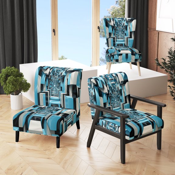 Designart "Focused Blue Op Art A Visual Journey VI" Blue Abstract Upholstered Accent Chair - Modern Arm Chair For Bedroom