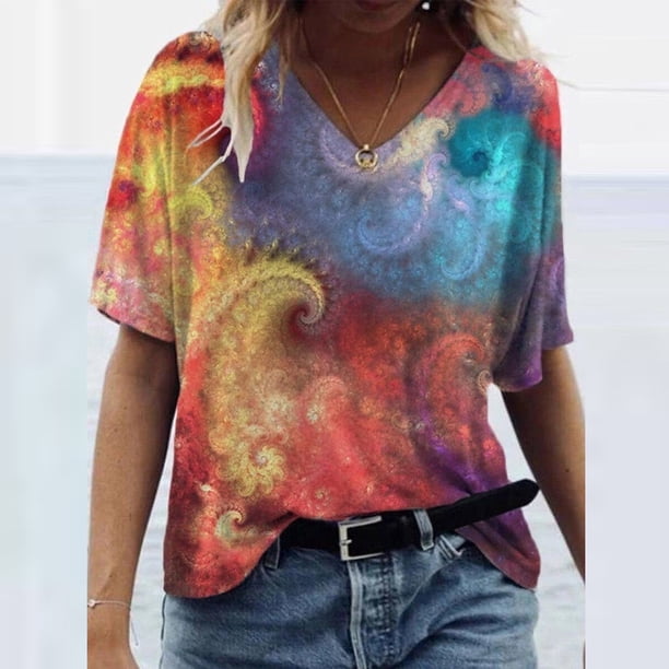Puntoco 2024, tops de moda de verano para mujer, camiseta de manga corta estampada con cuello en V, camisetas informales