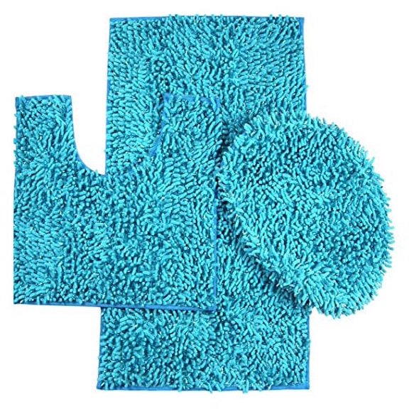 Daniel's Bath Daniel's Bath & Beyond 3 Piece Set with 20" x 31" Bath Contour Mat and 20" x 18" Lid, Chenille and Shiny Turquoise
