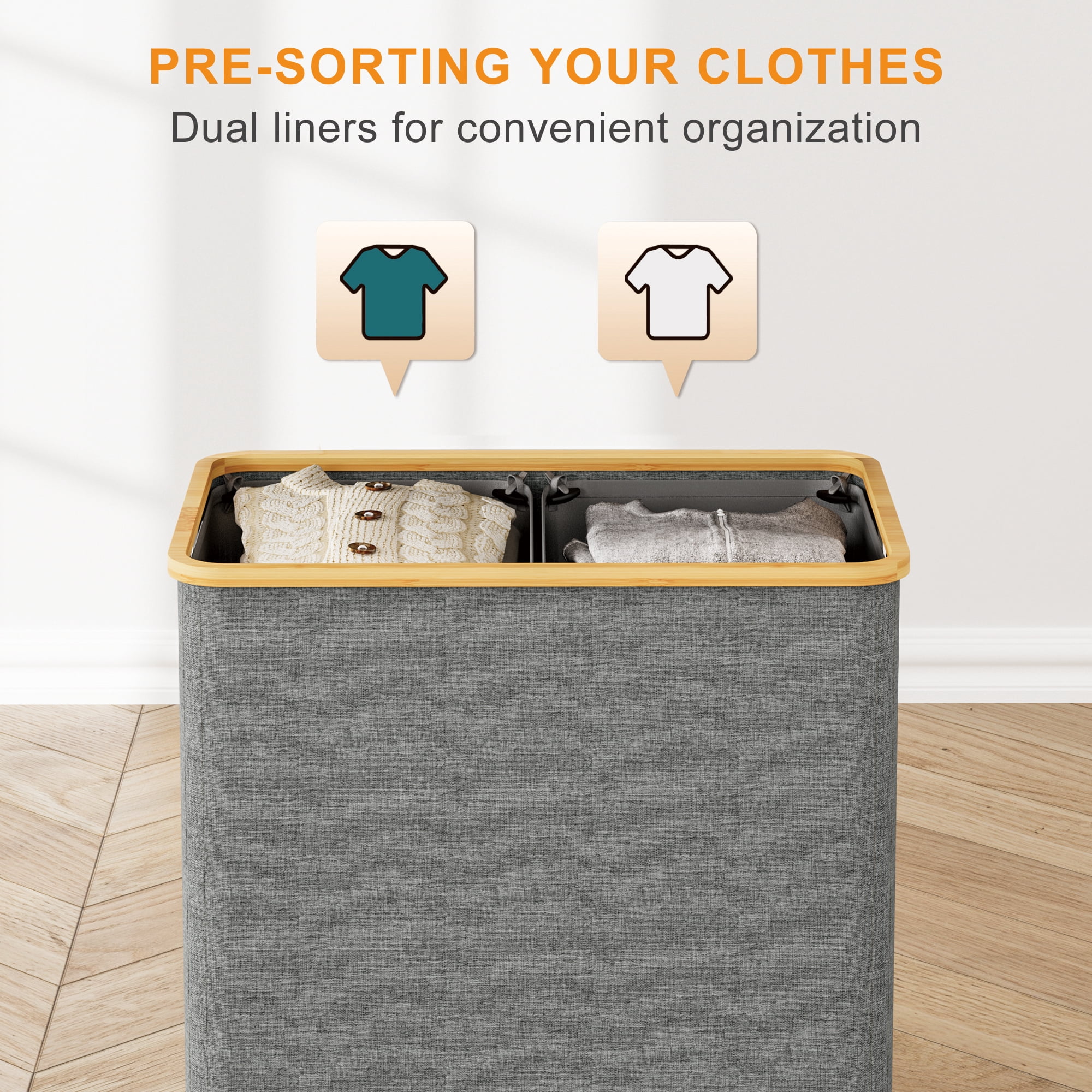 BGTREND 148L Double Laundry Basket with Lid, Clothes Hampers for Laundry with Bamboo Handles and Removable Liner Bags, Collapsible Laundry Sorter Dirty Clothes Hamper (Gray)