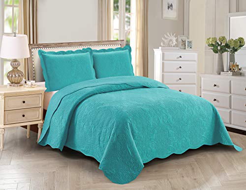 Better Home Style 3 Piece Luxury Floral Ultrasonic Embossed Solid Color Quilt Coverlet Bedspread Oversized Bed Cover Set # Stacy Sage Green, Full / Queen
