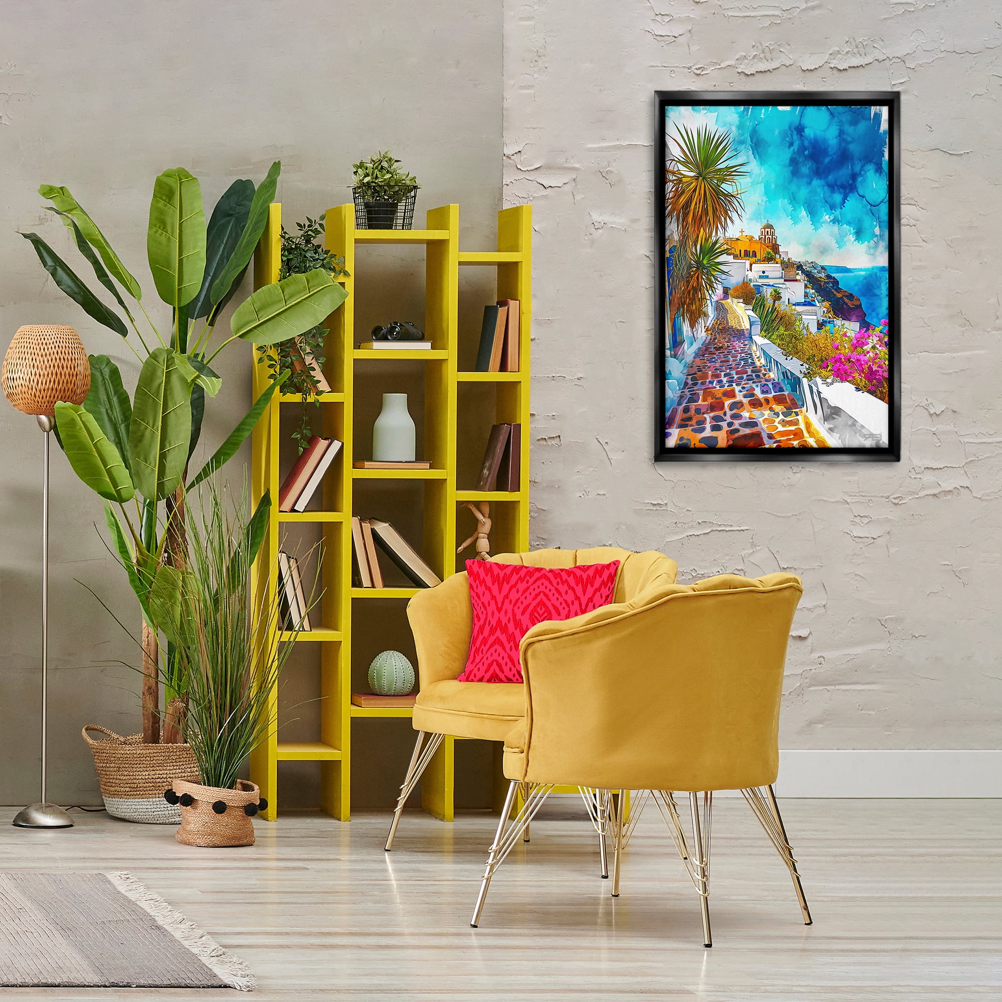 Stupell Industries Tropical Coastal Town Cities & Countries Painting Black Floater Framed Canvas Art Print Wall Art, 21 x 31