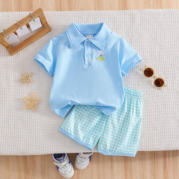 Baby Boy Outfits Boys Embroidered Golf Polo Shirt and Plaid Shorts Summer Casual Set Boys' Clothing Sets Sky Blue 4-5 Years