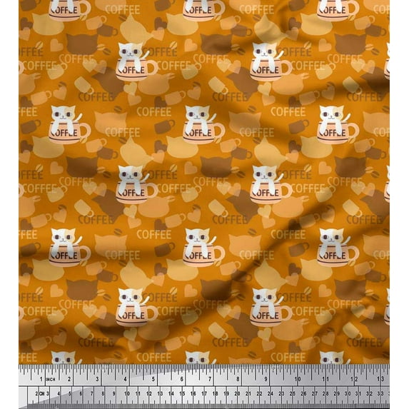 Soimoi Crepe Silk Fabric Heart,Coffee Cup & Cat Kids Print Fabric by The Yard 42 Inch Wide