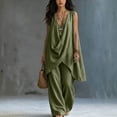 thumbnail image 2 of Women's Solid Stand Collar Sleeveless Draped Top Loose Harem Pants 2 Piece Outfit, Casual Beach Vacation Matching Set Army Green M(M), 2 of 7